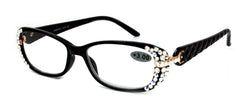 Glamour Quilted Women’s Reading Glasses – Black Rectangular Frame with Clear Crystals on Sides & Front